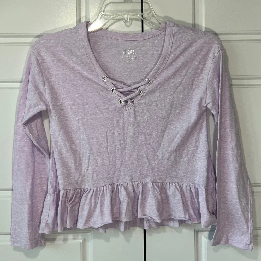 Justice Girls Light Purple Lace Up‎ Long Sleeve Peplum Top Kids Apparel Size 8